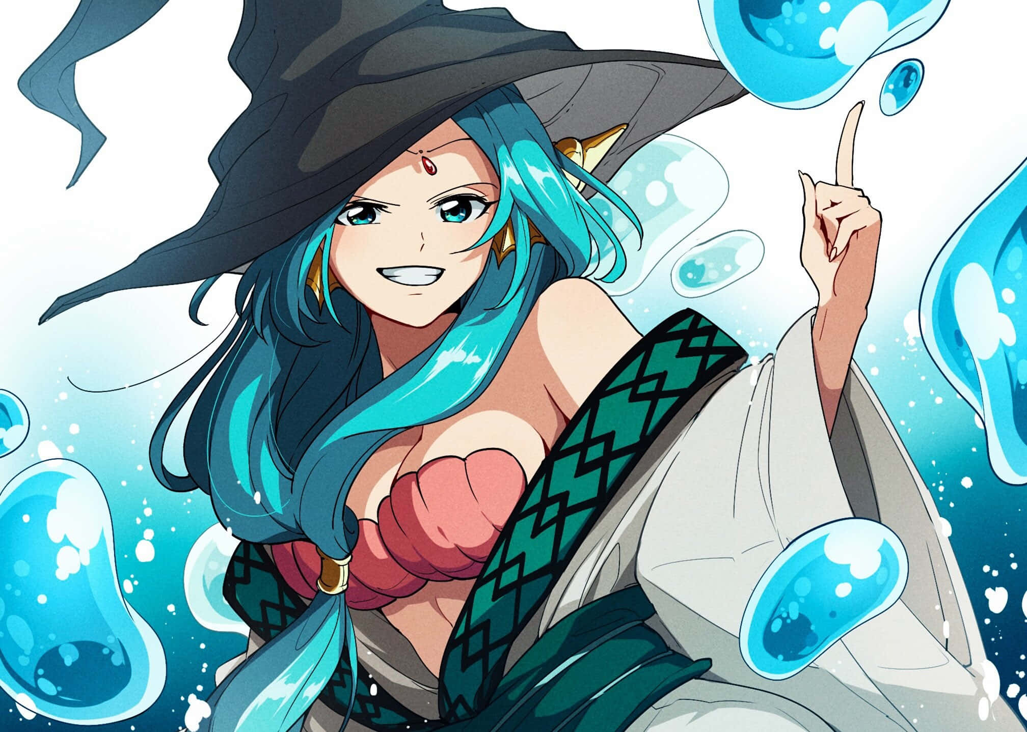 Yamraiha, animated water mage, turquoise hair, Full HD Desktop Wallpaper