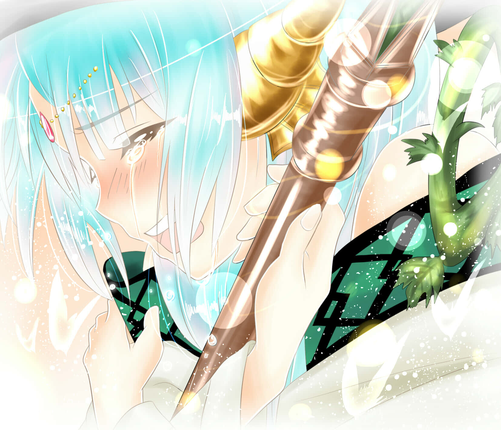 Yamraiha, cyan-haired anime girl, golden horned staff, HD Desktop Wallpaper