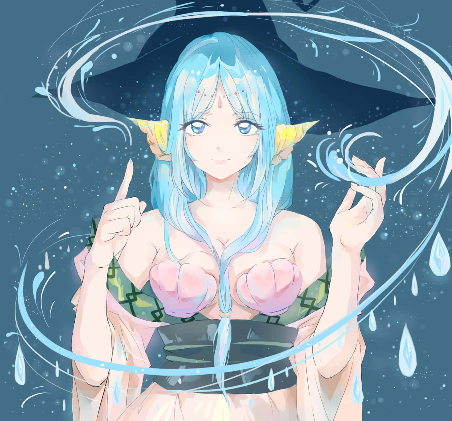 Yamraiha, blue-haired anime girl, yellow horns, HD Desktop Wallpaper