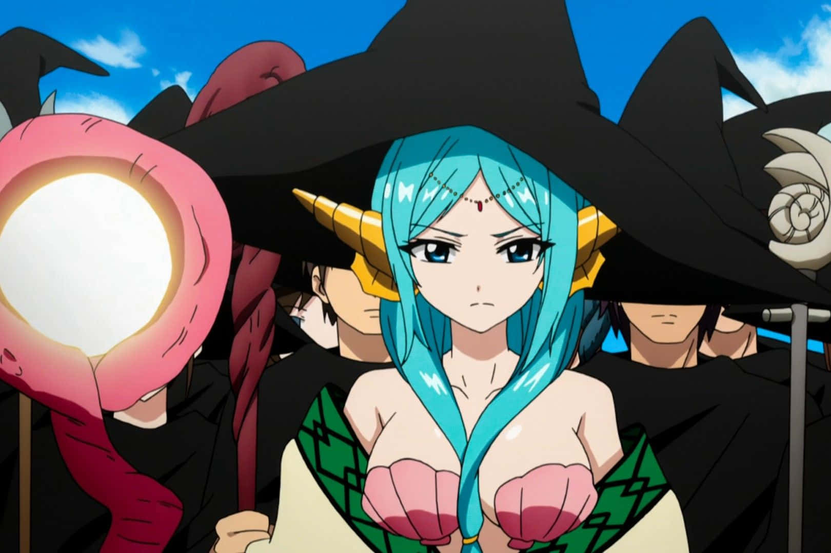 Yamraiha, teal-haired anime witch, golden horns, HD Desktop Wallpaper