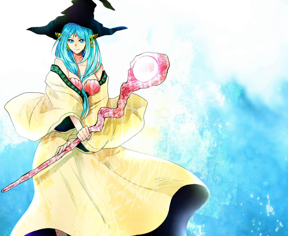Yamraiha, blue-haired anime witch, yellow robe, SD Desktop Wallpaper