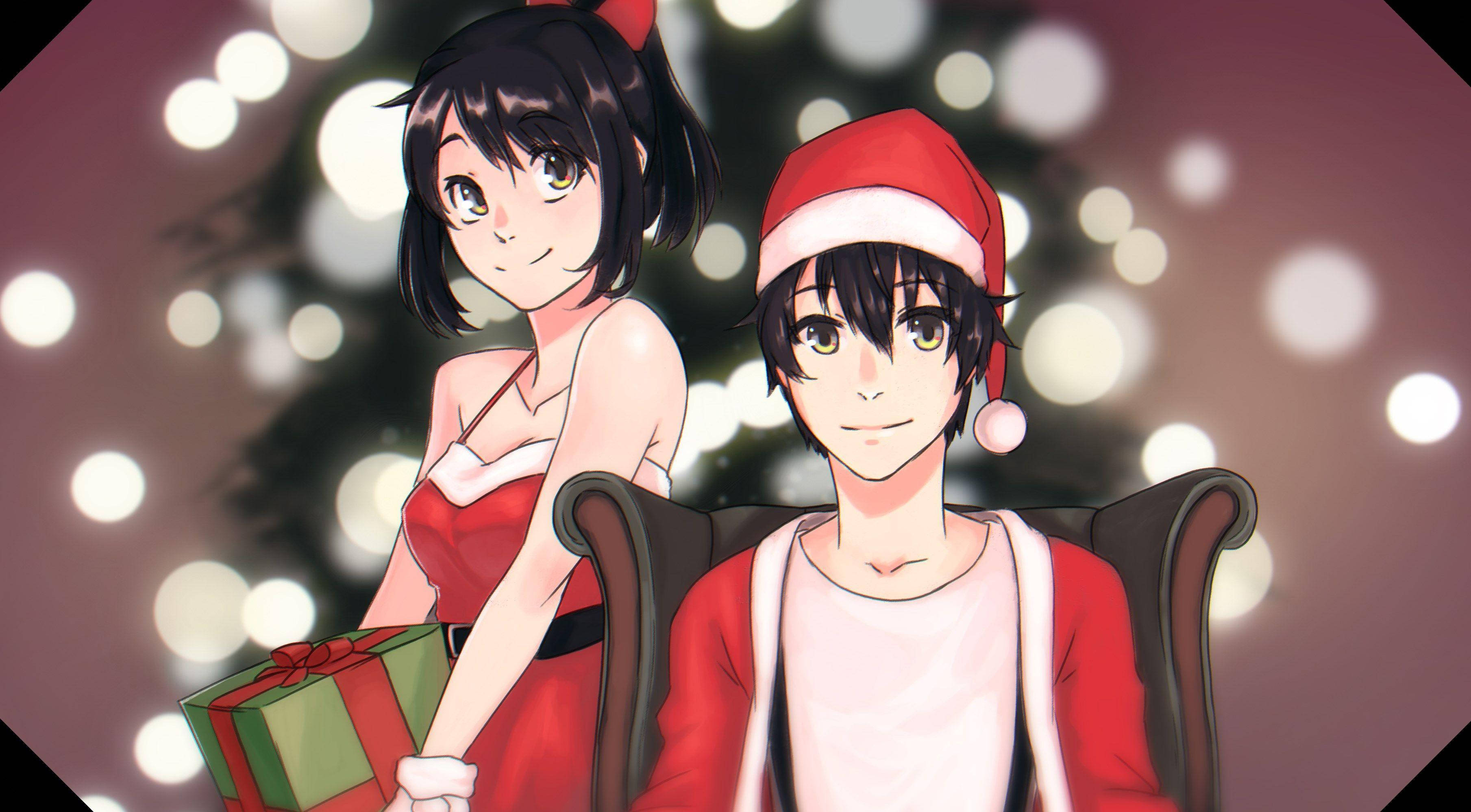 Yandere Simulator, Christmas tree, festive red outfits, 2K Desktop Wallpaper