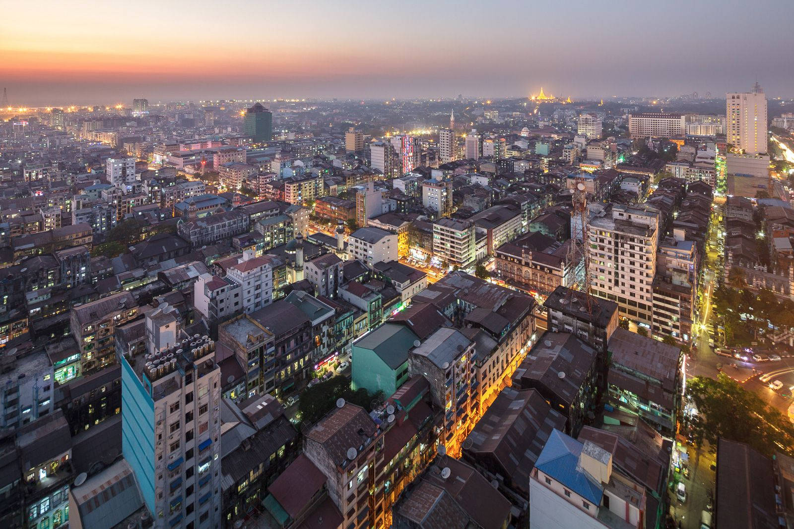 Yangon, evening, aerial view, HD Desktop Wallpaper