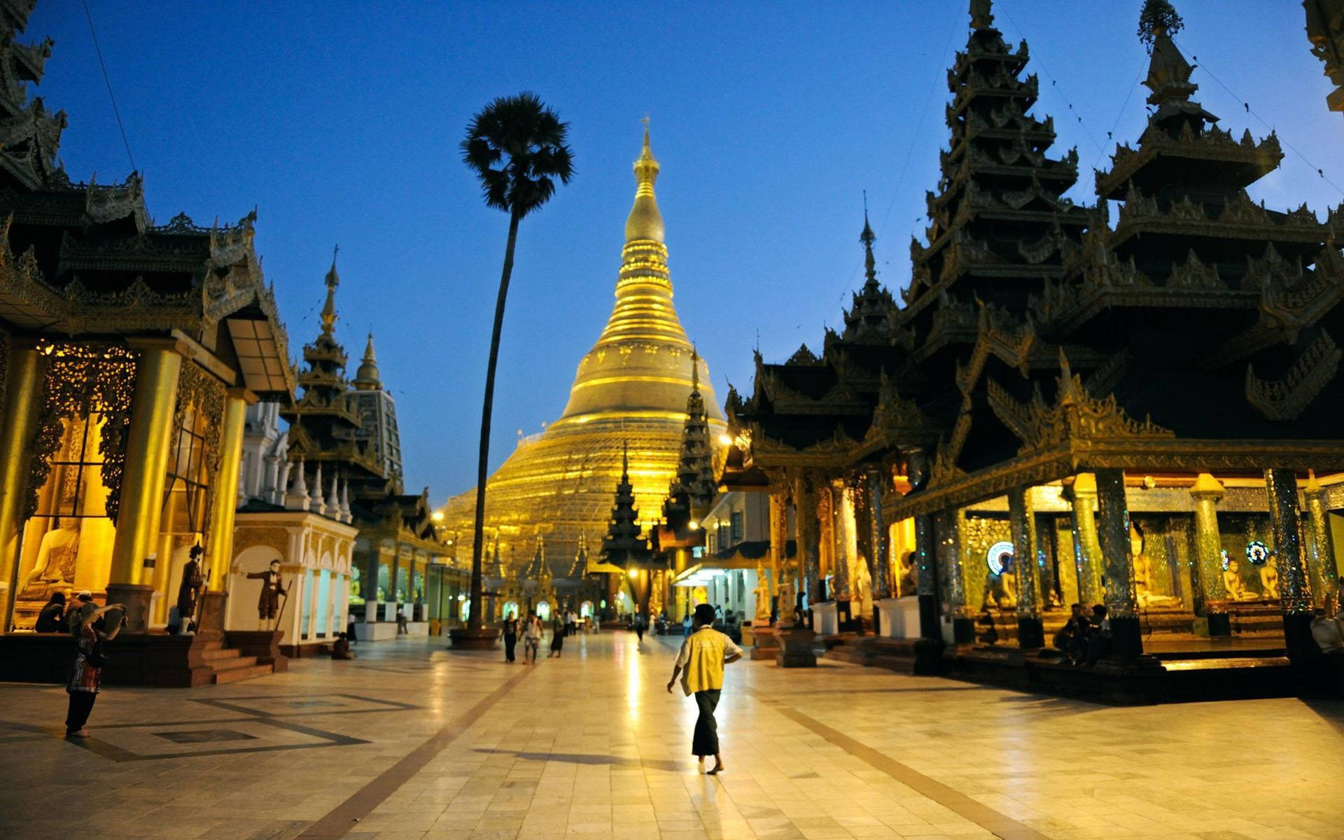 Yangon, golden pagoda, dusk, Full HD Desktop Wallpaper