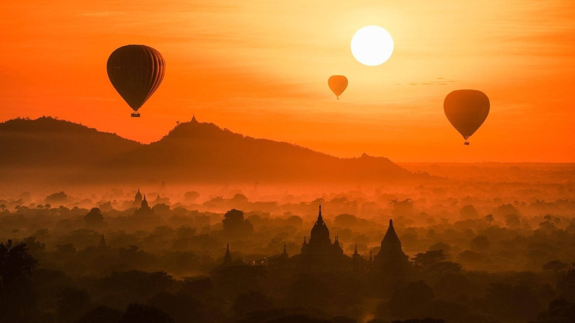 Yangon, hot air balloons, misty temples, Full HD Desktop Wallpaper