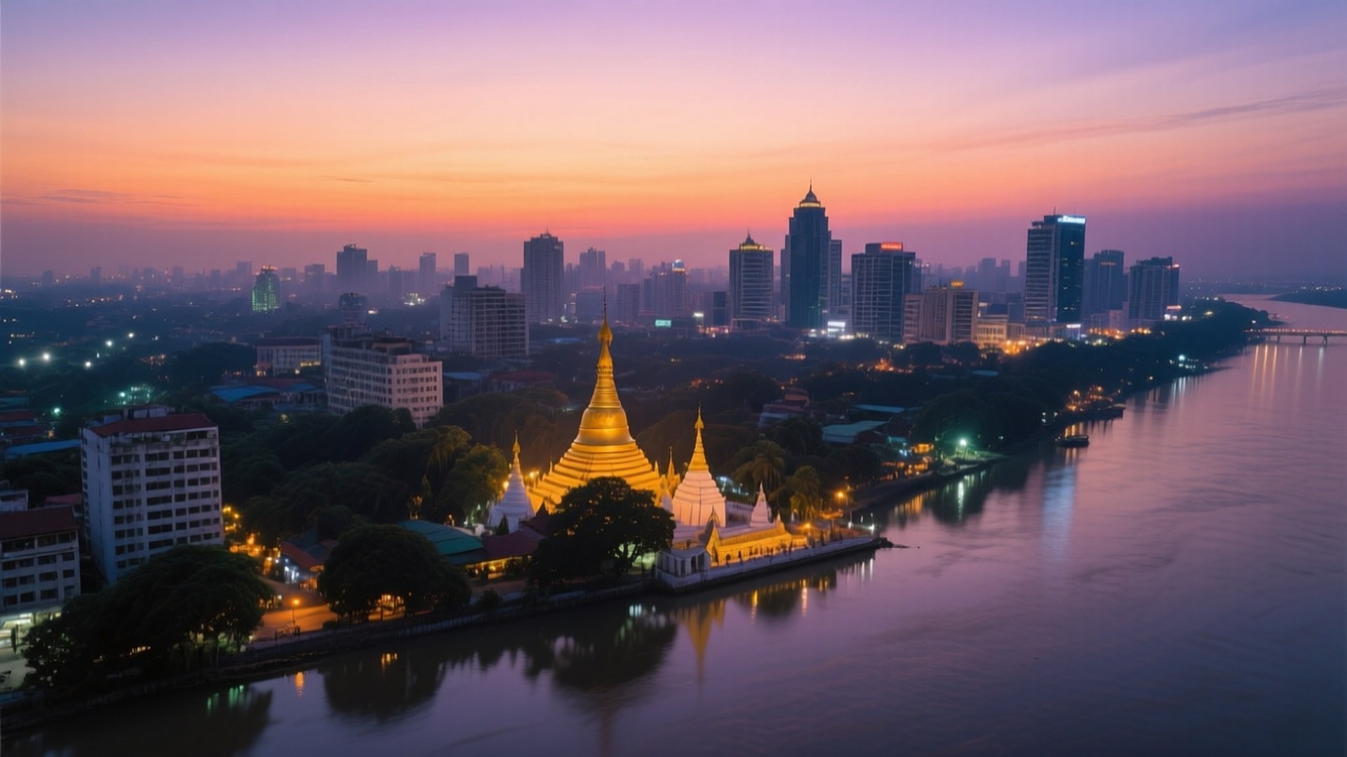 Yangon, golden pagoda, river, Full HD Desktop Wallpaper