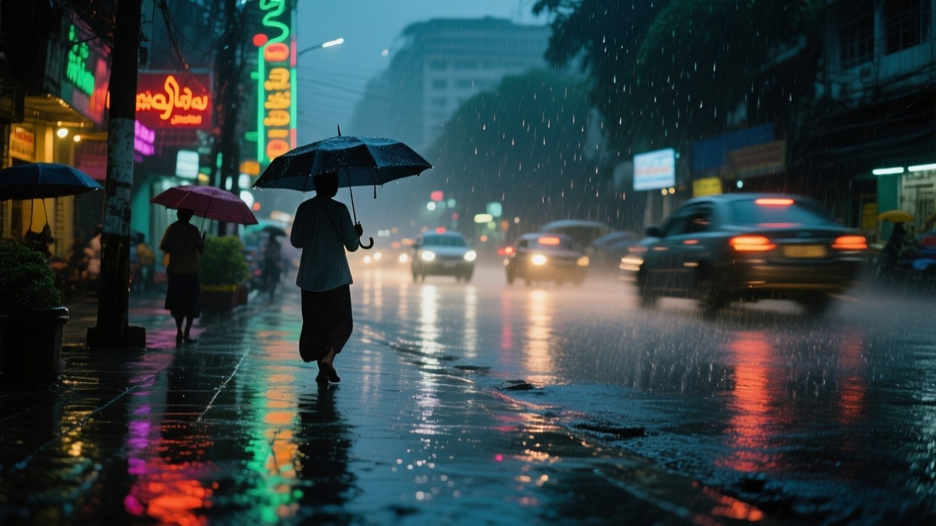 Yangon, rainy street, neon-lit, Full HD Desktop Wallpaper