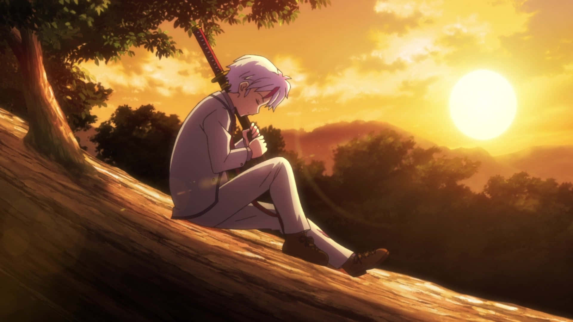 Yashahime, silver-haired anime warrior, tree branch, Full HD Desktop Wallpaper