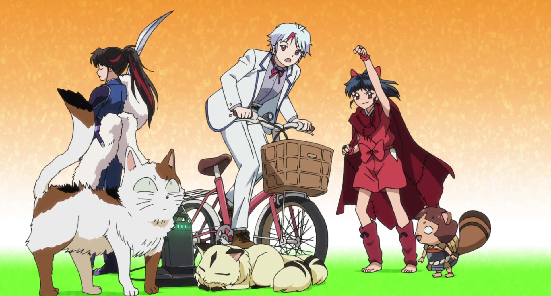 Yashahime, cats, bicycle, Full HD Desktop Wallpaper