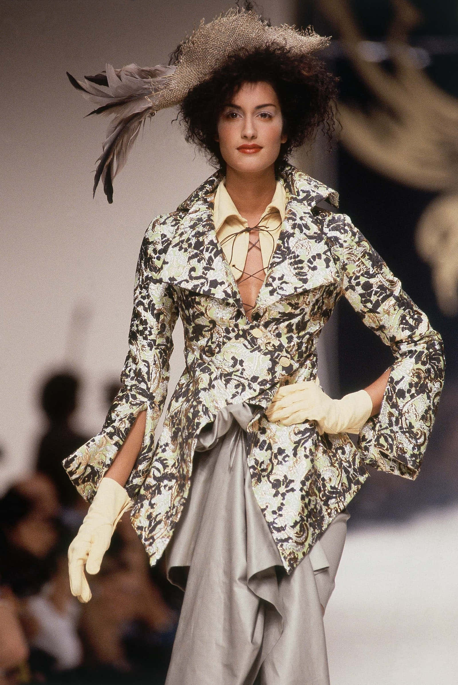 Yasmeen Ghauri, floral jacket, feathered hat, Full HD Phone Wallpaper
