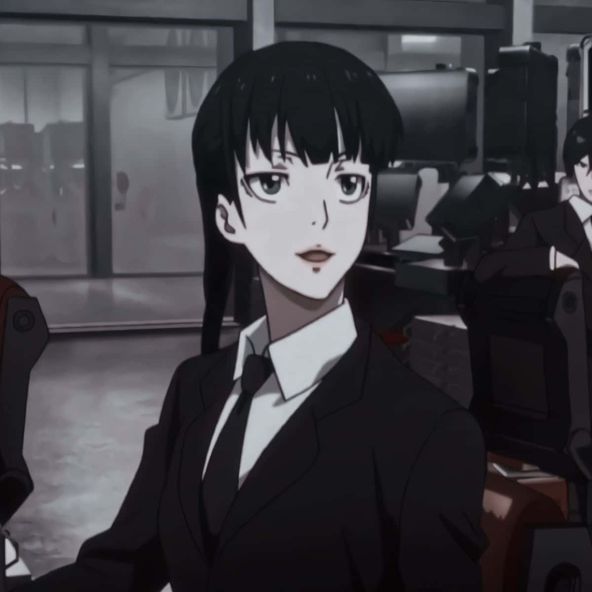 Yayoi Kunizuka, black and white anime girl, suit, SD Desktop Wallpaper