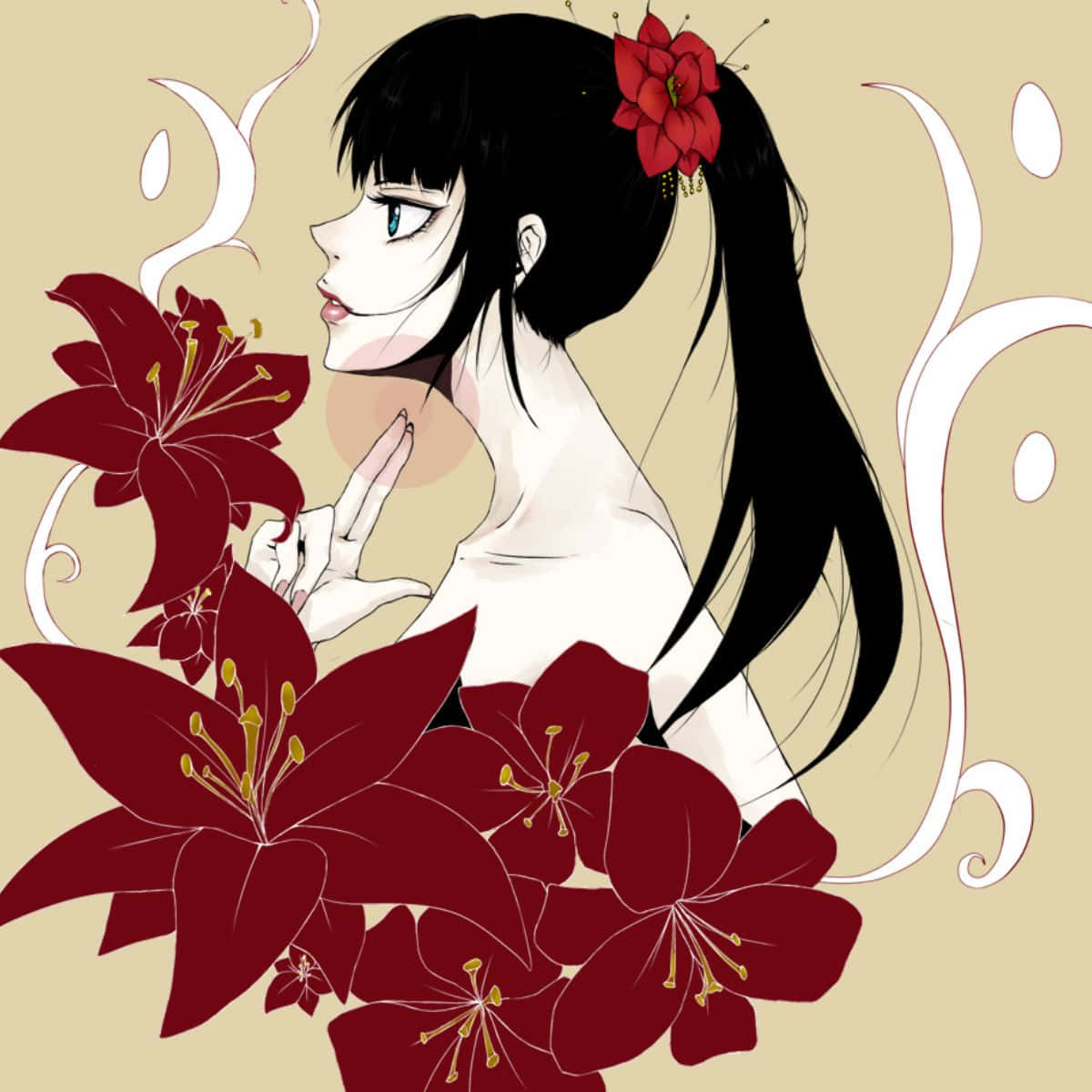 Yayoi Kunizuka, black hair, red flower accessory, SD Desktop Wallpaper
