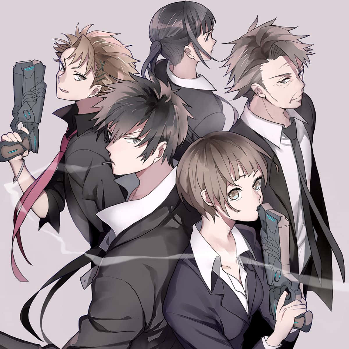 Yayoi Kunizuka, dark suits, futuristic guns, SD Desktop Wallpaper