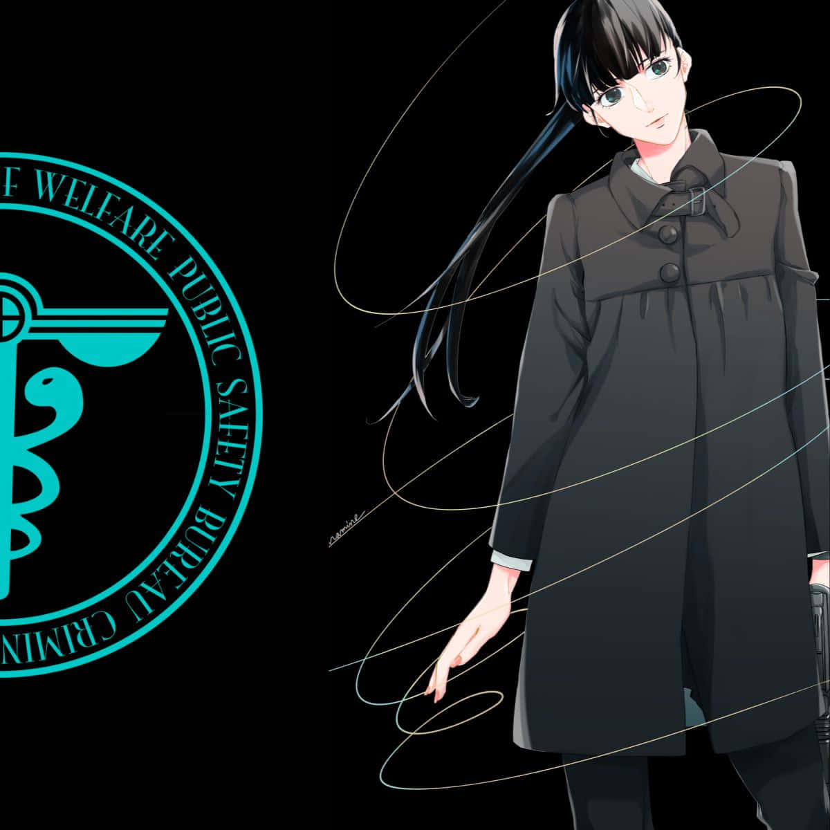 Yayoi Kunizuka, glowing teal criminal public safety bureau emblem, dark coat, SD Desktop Wallpaper