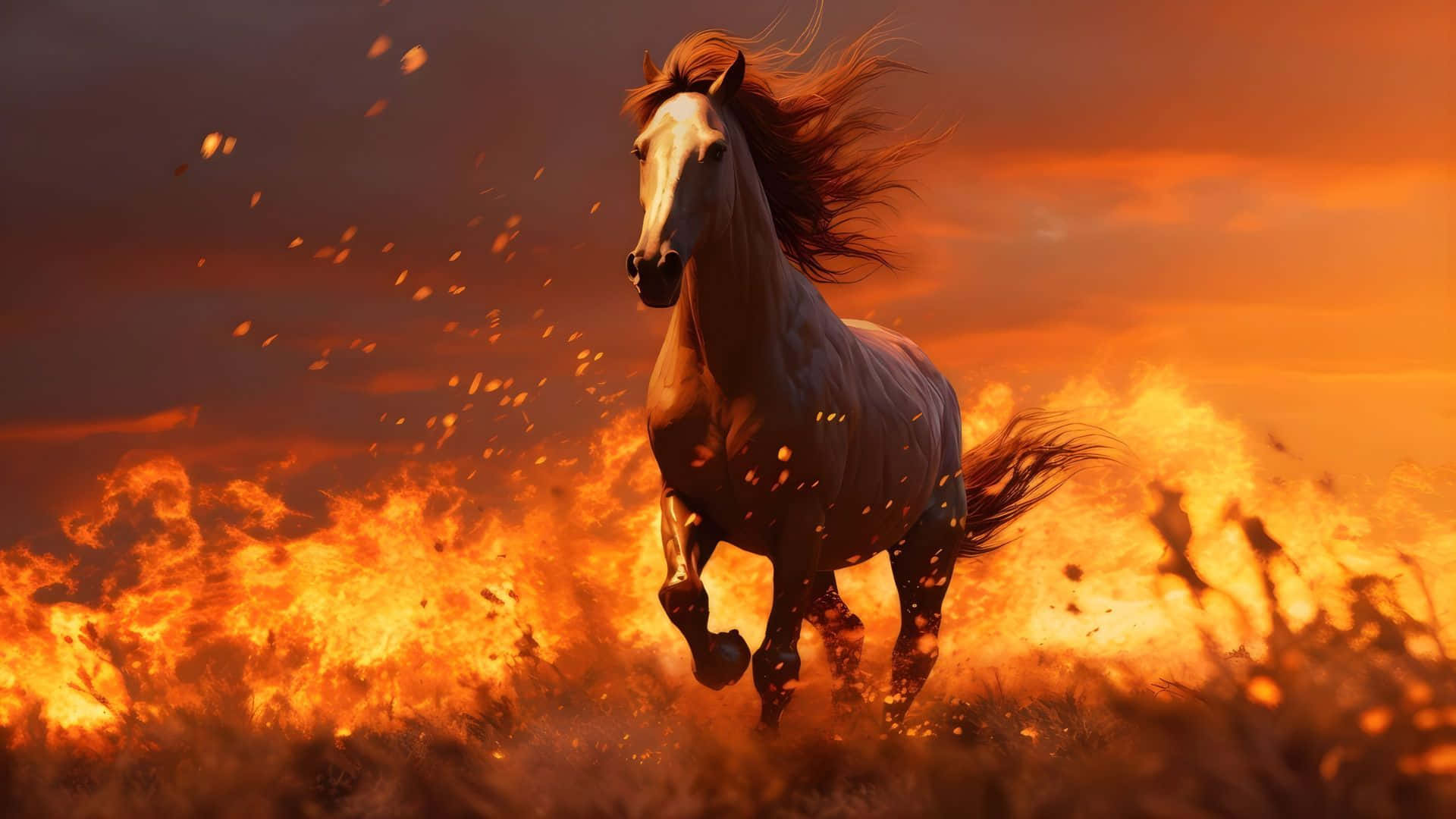 Year Of The Horse, white horse, roaring orange flames, Full HD Desktop Wallpaper