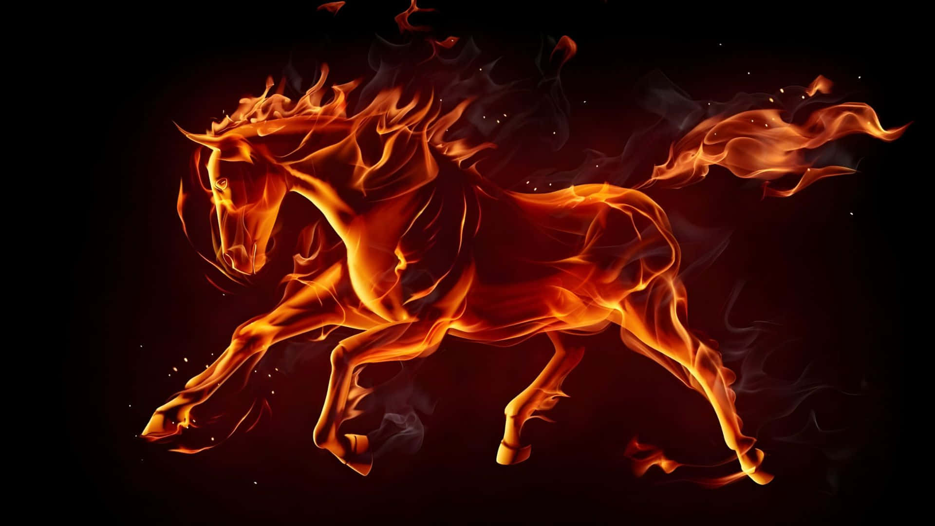 fiery horse, glowing orange flames, swirling smoke, Full HD Desktop Wallpaper