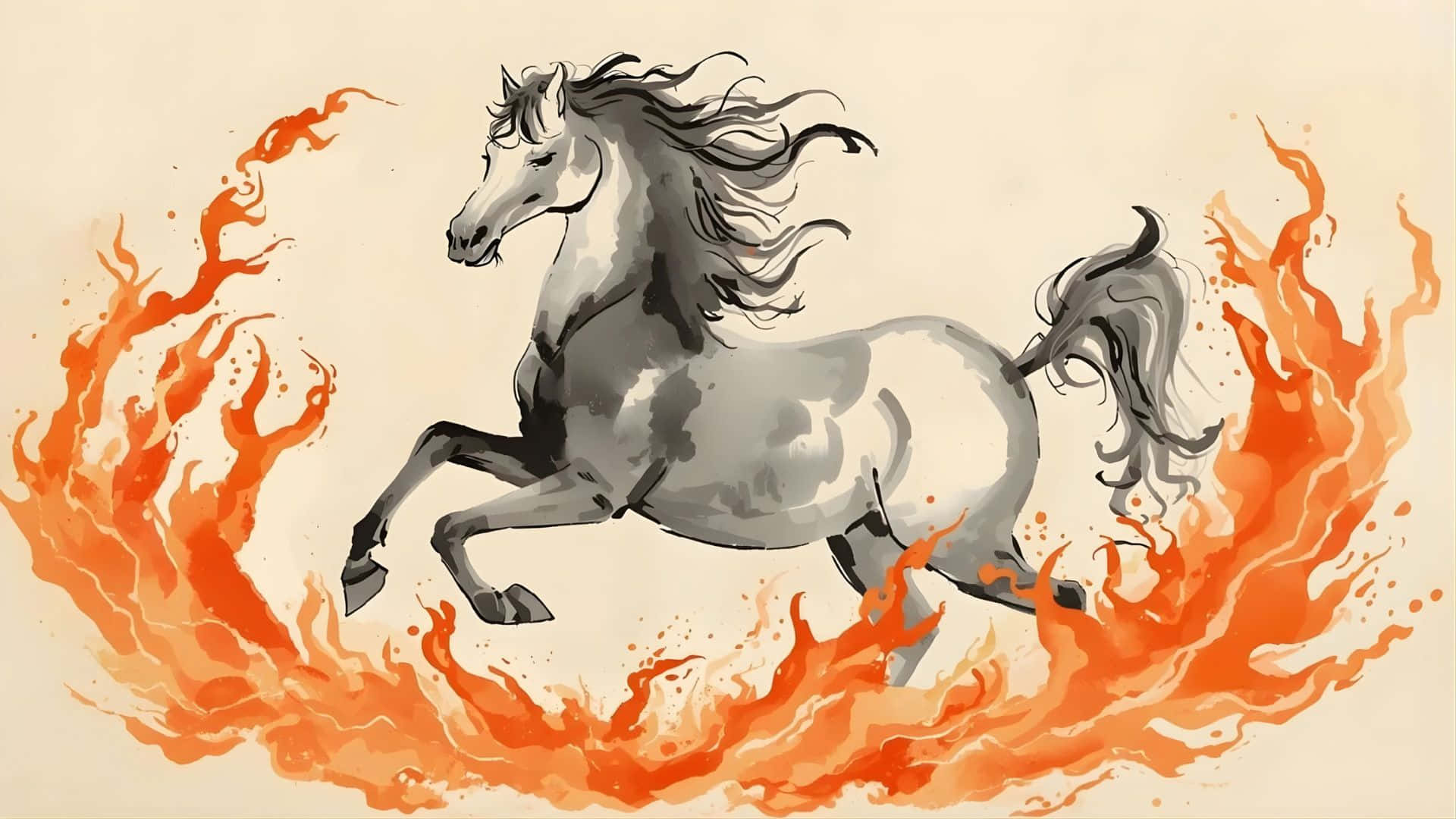 Year Of The Horse, gray horse, swirling orange flames, Full HD Desktop Wallpaper