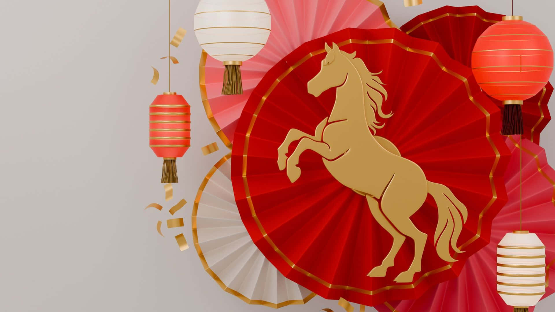 Year Of The Horse, golden horse silhouette, vibrant red paper fan, Full HD Desktop Wallpaper