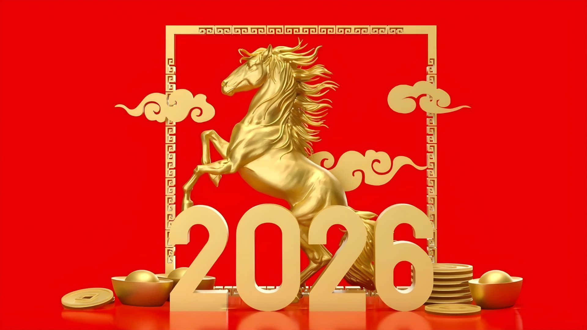Year Of The Horse 2026, golden horse, ornate frame, Full HD Desktop Wallpaper