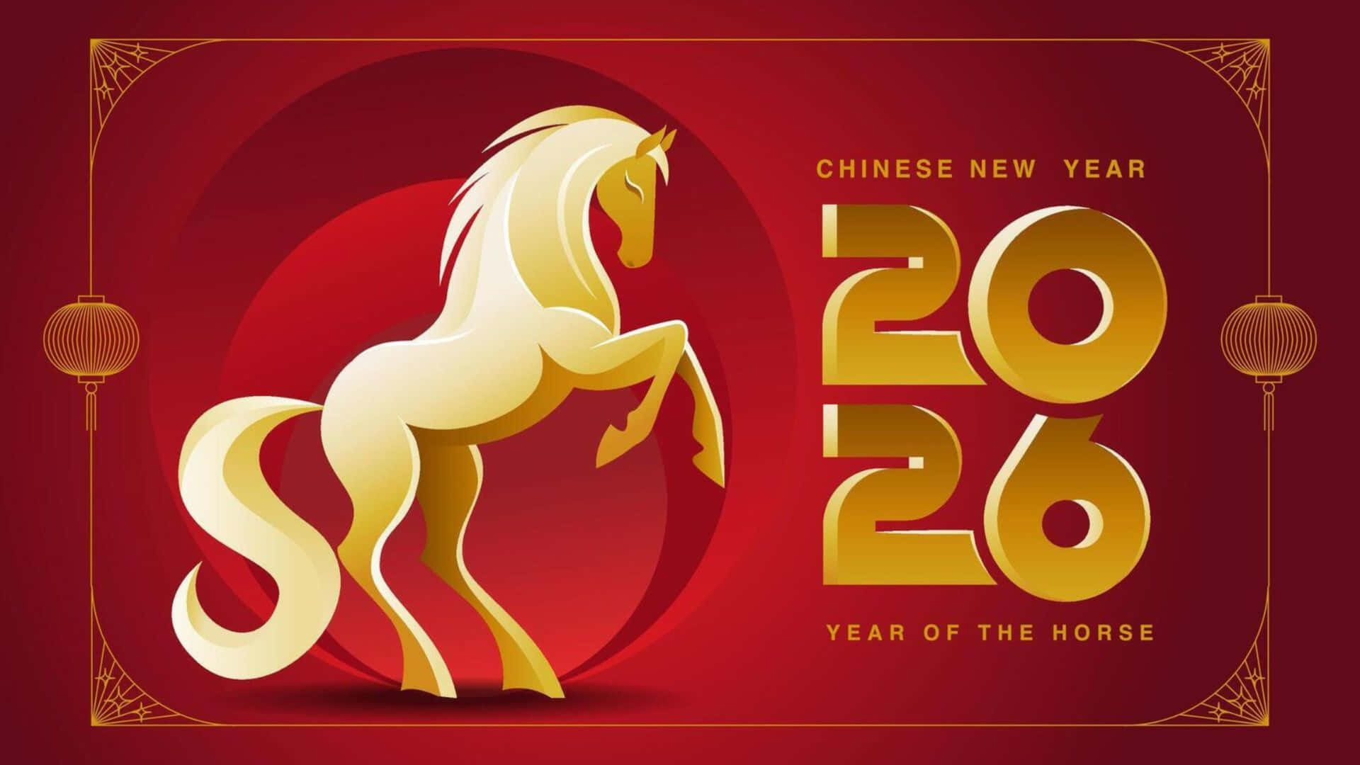 Year Of The Horse 2026, golden horse, deep red background, Full HD Desktop Wallpaper