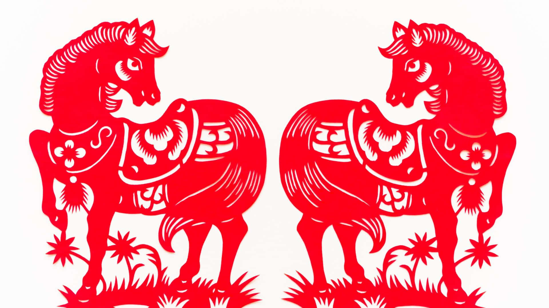 Year Of The Horse, red paper horses, floral patterns, Full HD Desktop Wallpaper