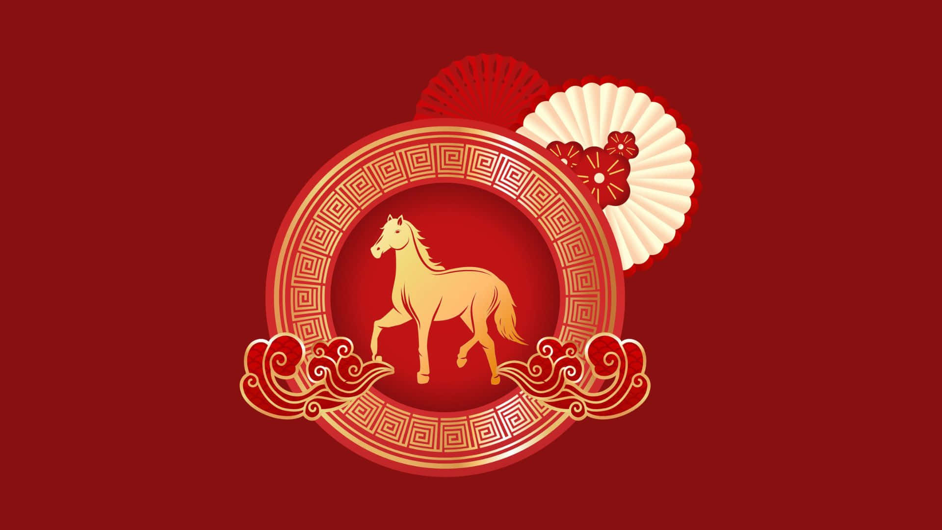 Year Of The Horse, golden horse, ornate red circular frame, Full HD Desktop Wallpaper