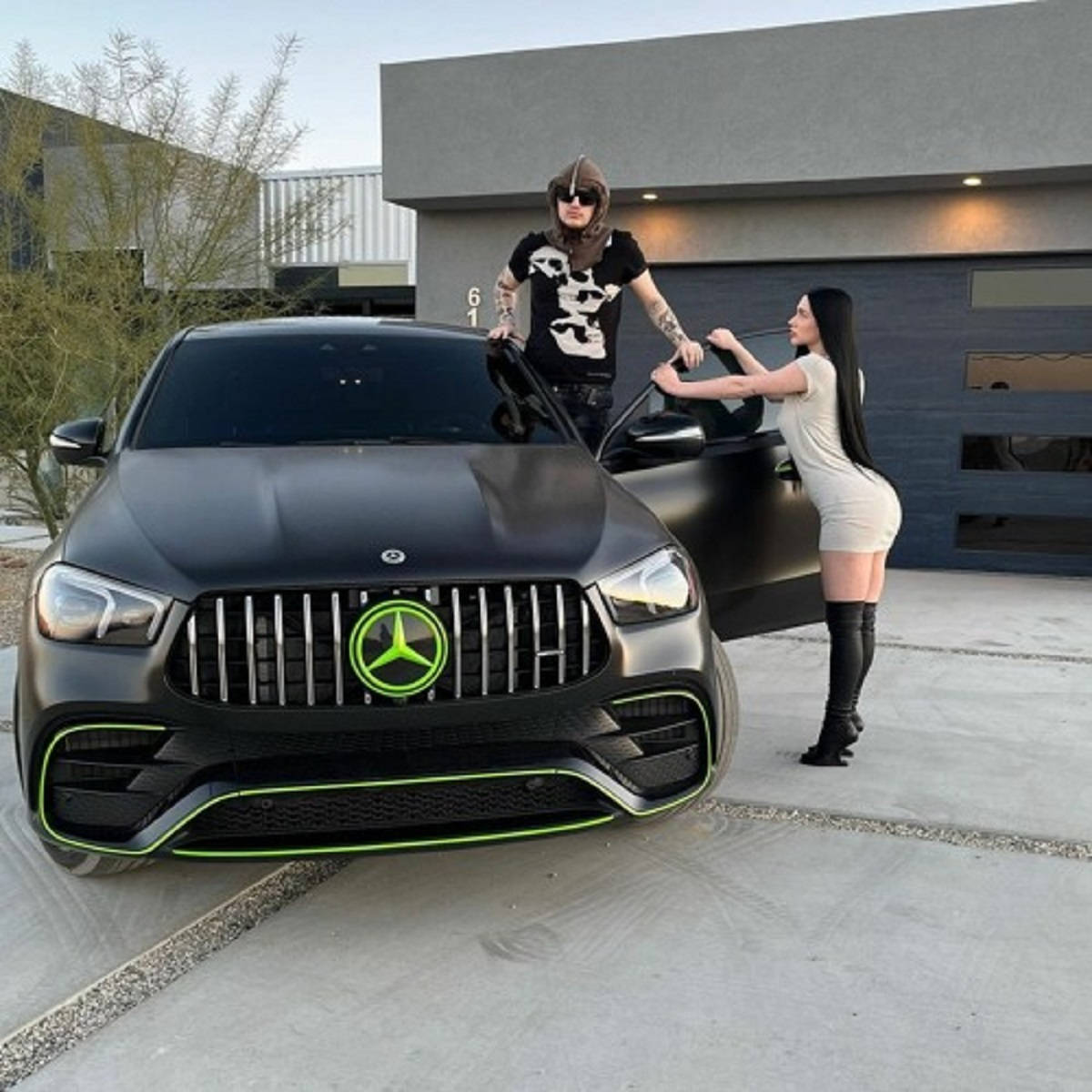Yeat, matte black Mercedes AMG, glowing green accents, SD Desktop Wallpaper