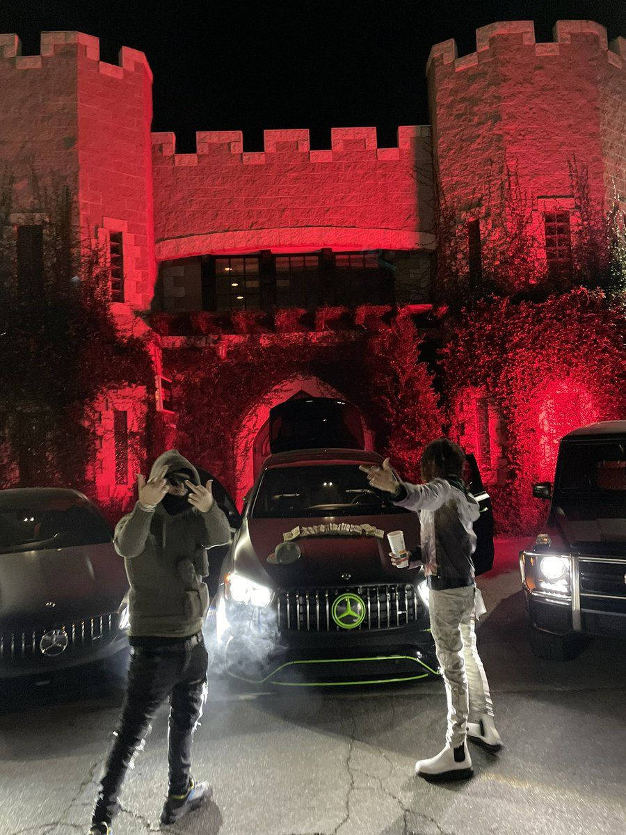 Yeat, luxury cars, castle-like building, SD Phone Wallpaper