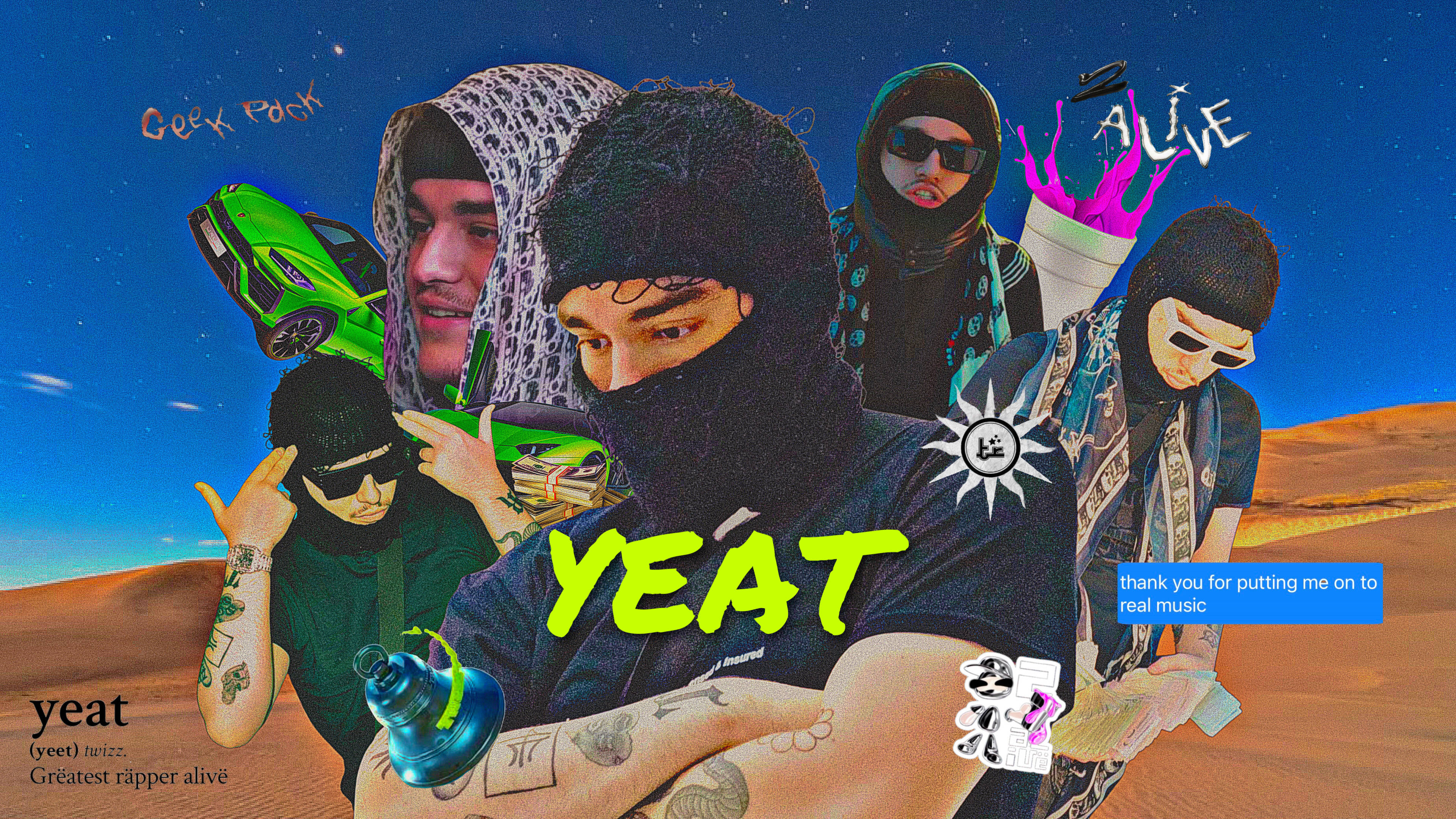 Yeat, neon text, green sports car, 4K Desktop Wallpaper