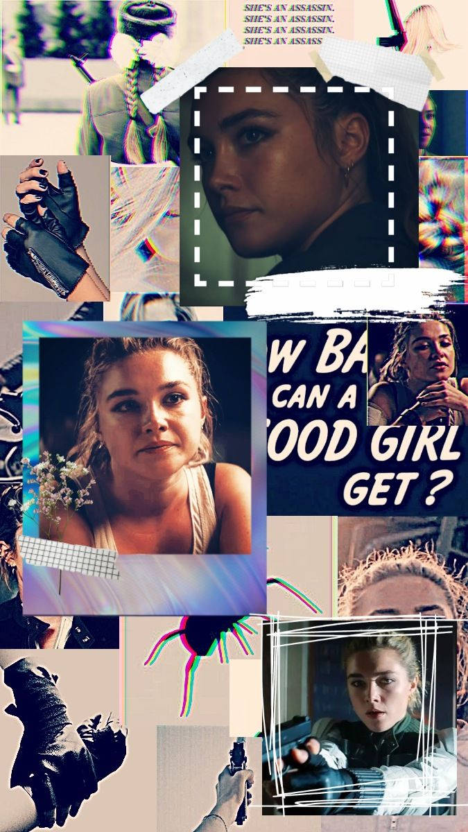 Yelena Belova, assassin-themed imagery, glitchy collage, SD Phone Wallpaper