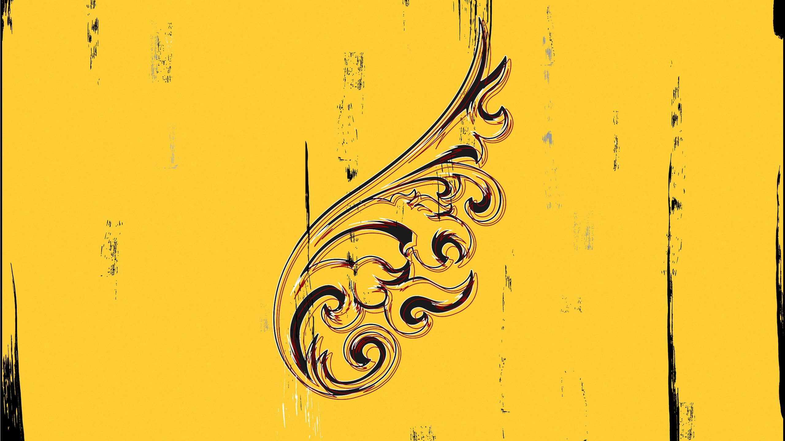 mustard yellow, black ornamental scroll, distressed brushstroke edges, 2K Desktop Wallpaper
