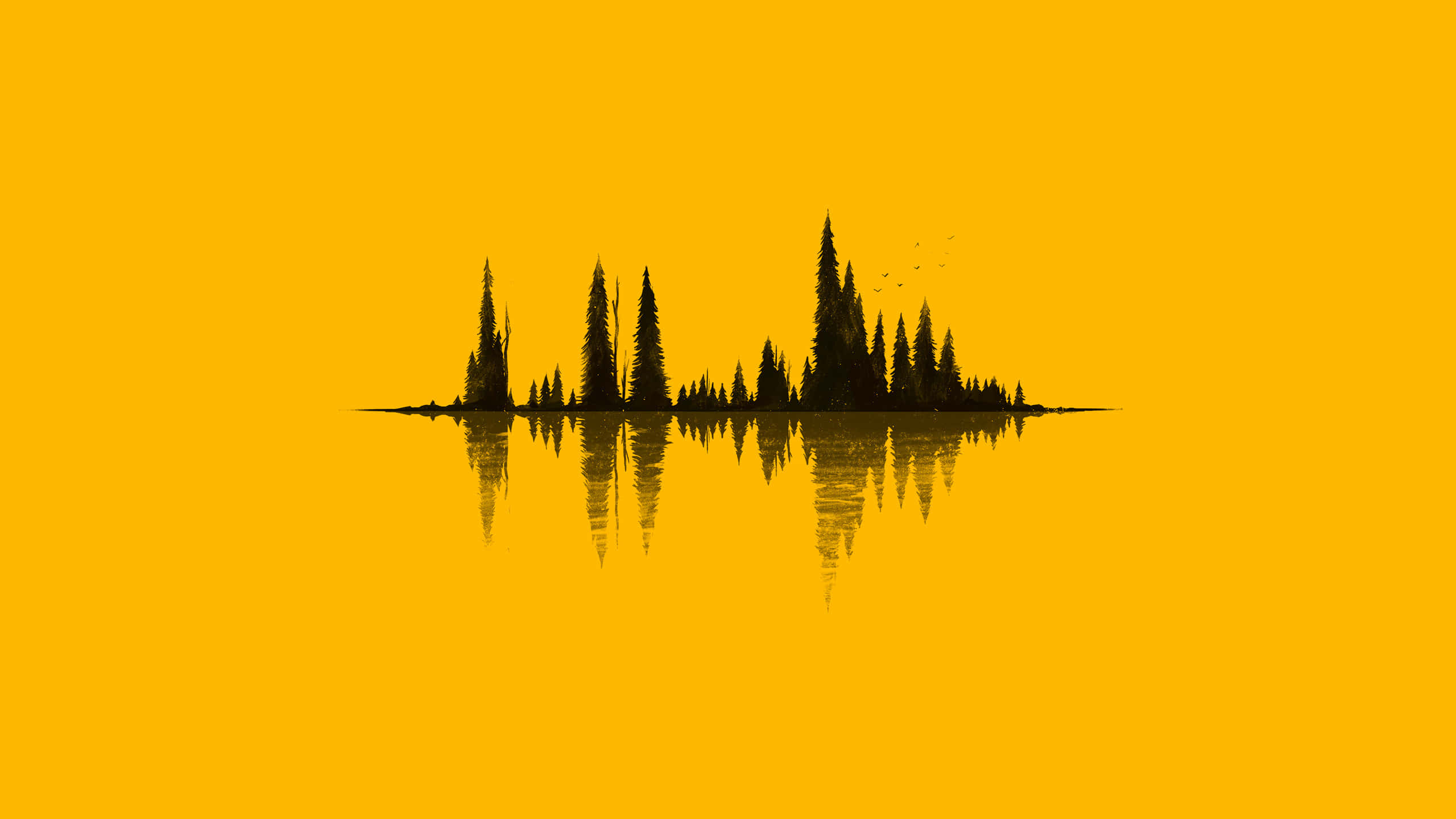 yellow background, sound wave, silhouetted pine trees, 2K Desktop Wallpaper
