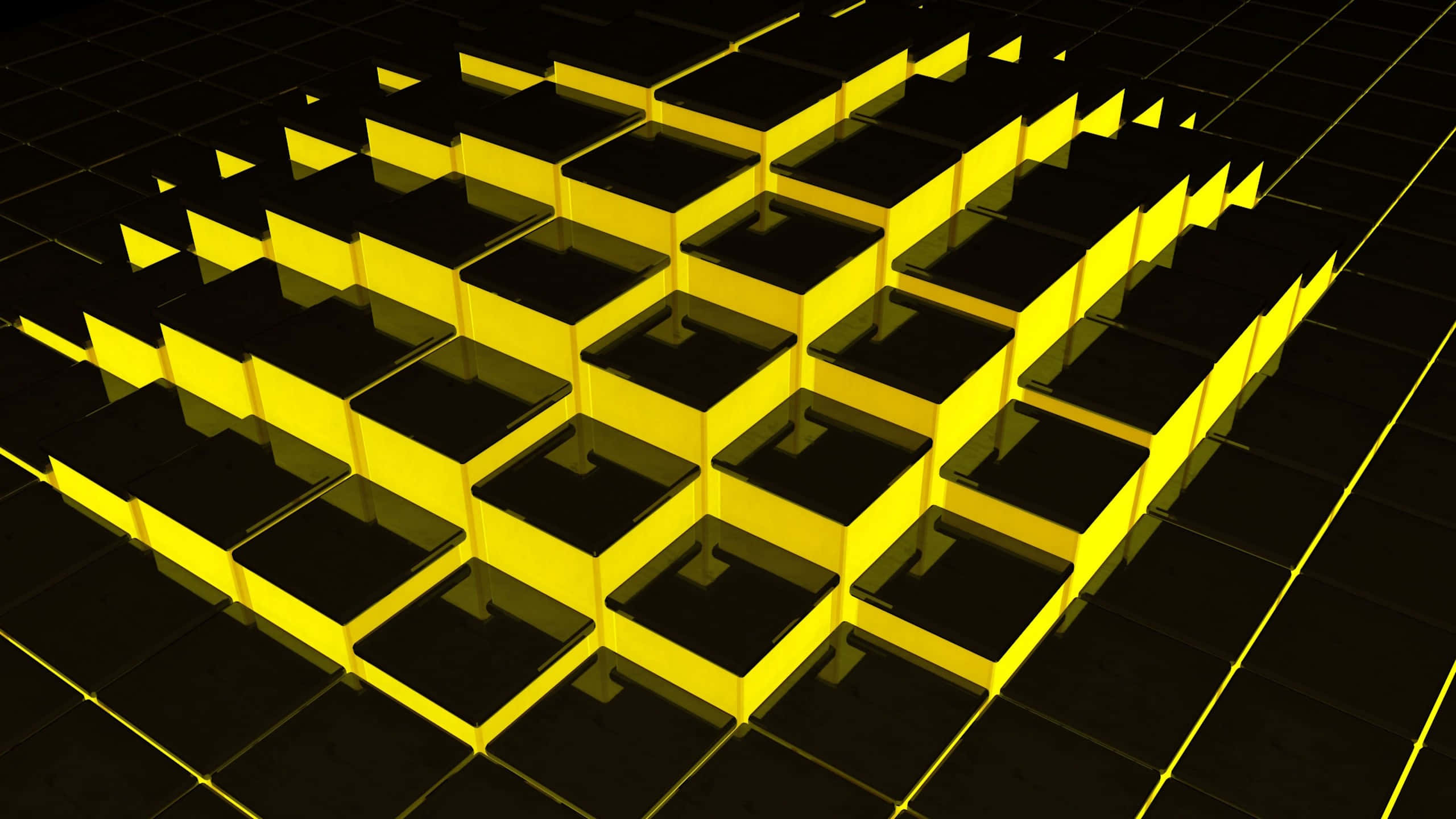 yellow, 3d-rendered, glowing yellow cubes, 2K Desktop Wallpaper