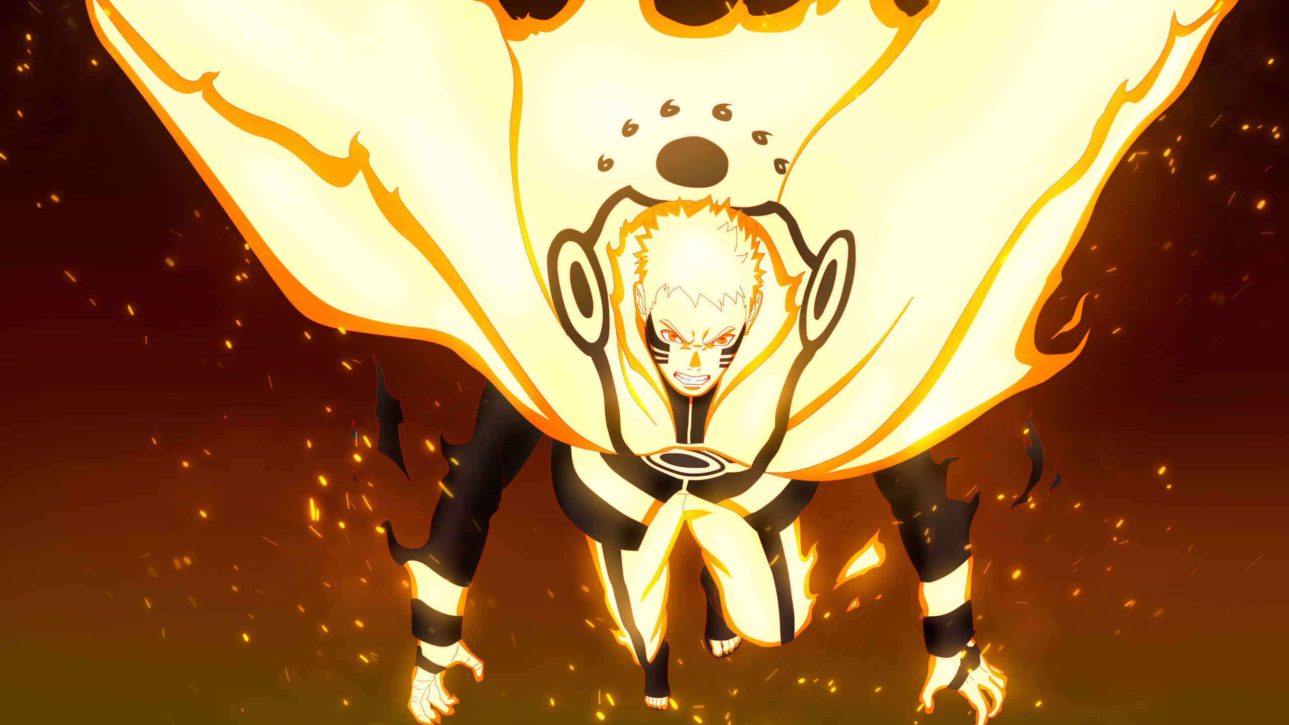 Vibrant yellow abstract wall painting, fiery anime character, glowing yellow chakra wings, 2K Desktop Wallpaper