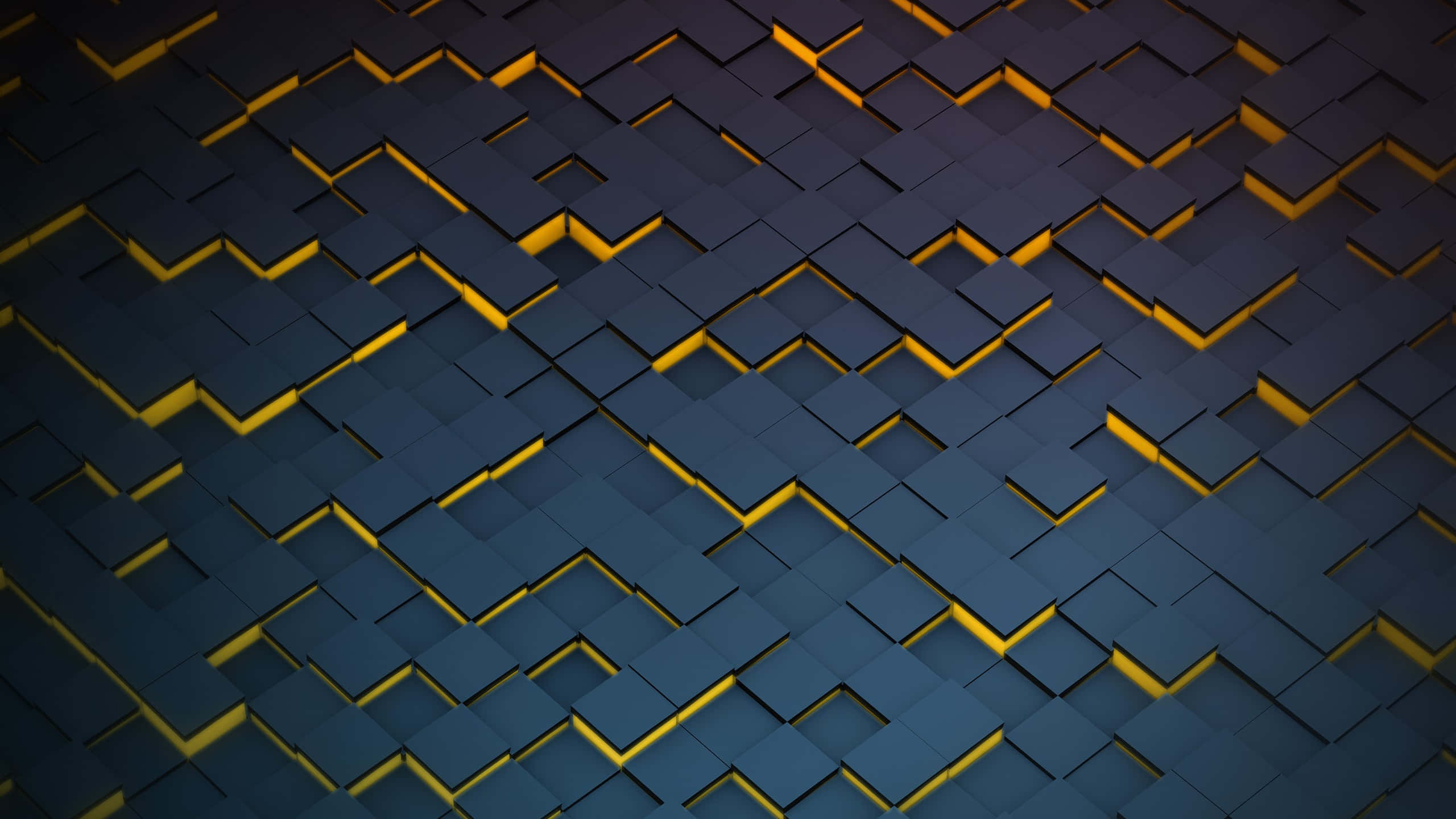 yellow 2560 x 1440, dark blue 3d blocks, glowing yellow edges, 2K Desktop Wallpaper
