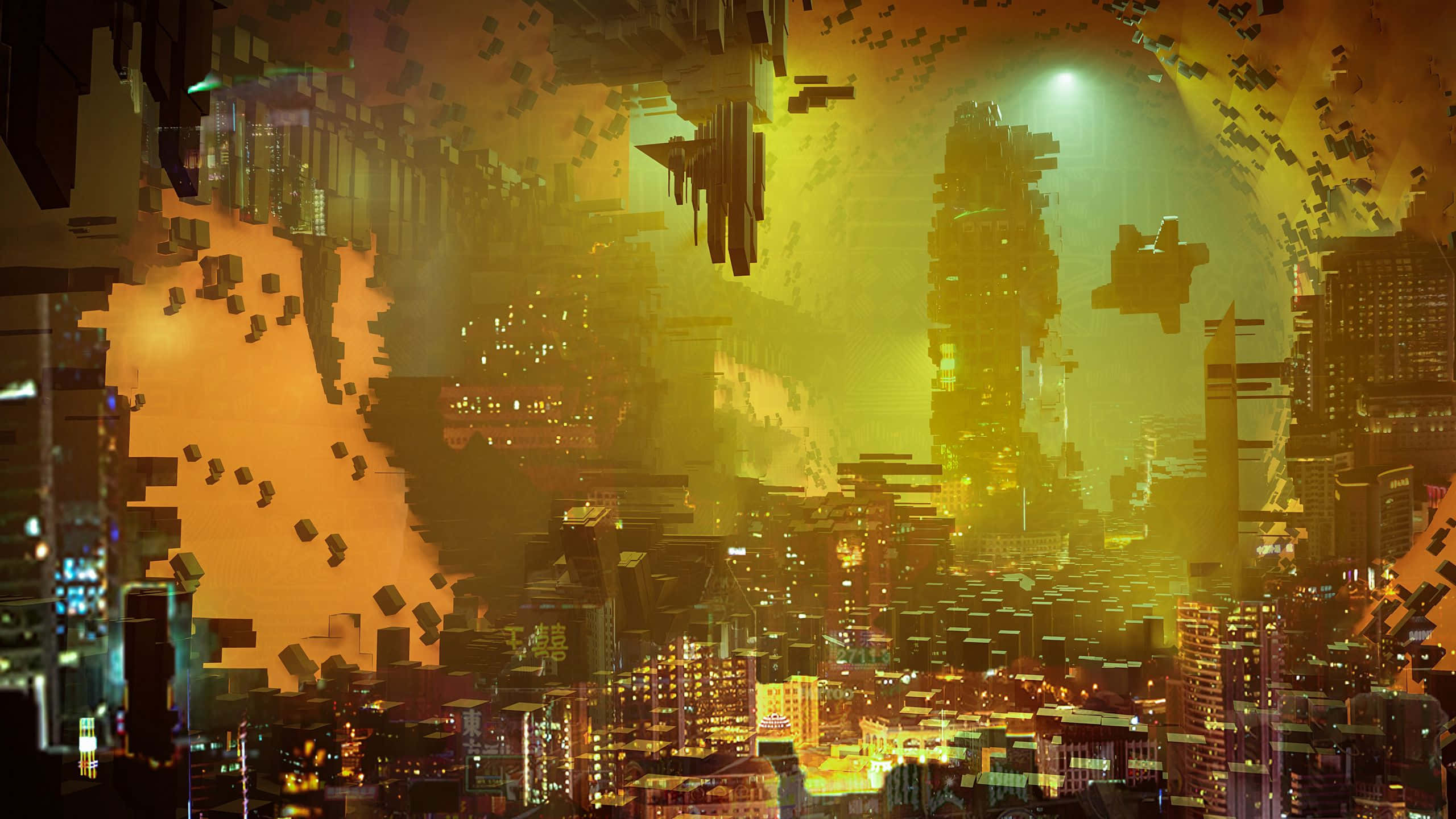 cyberpunk cityscape, floating buildings, glowing neon lights, 2K Desktop Wallpaper