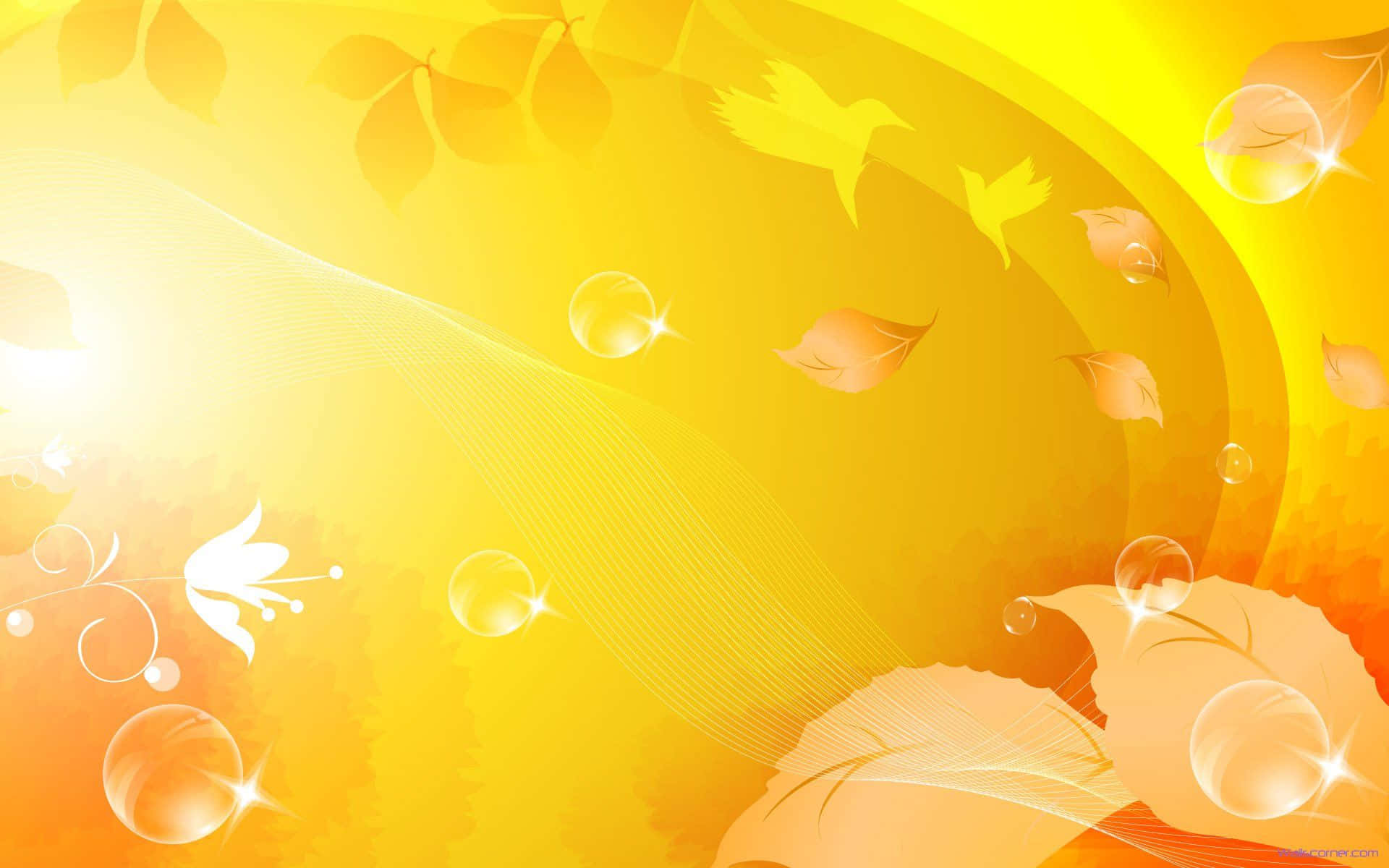 Vibrant Yellow Abstract Background, yellow and orange gradient, floating leaves, Full HD Desktop Wallpaper