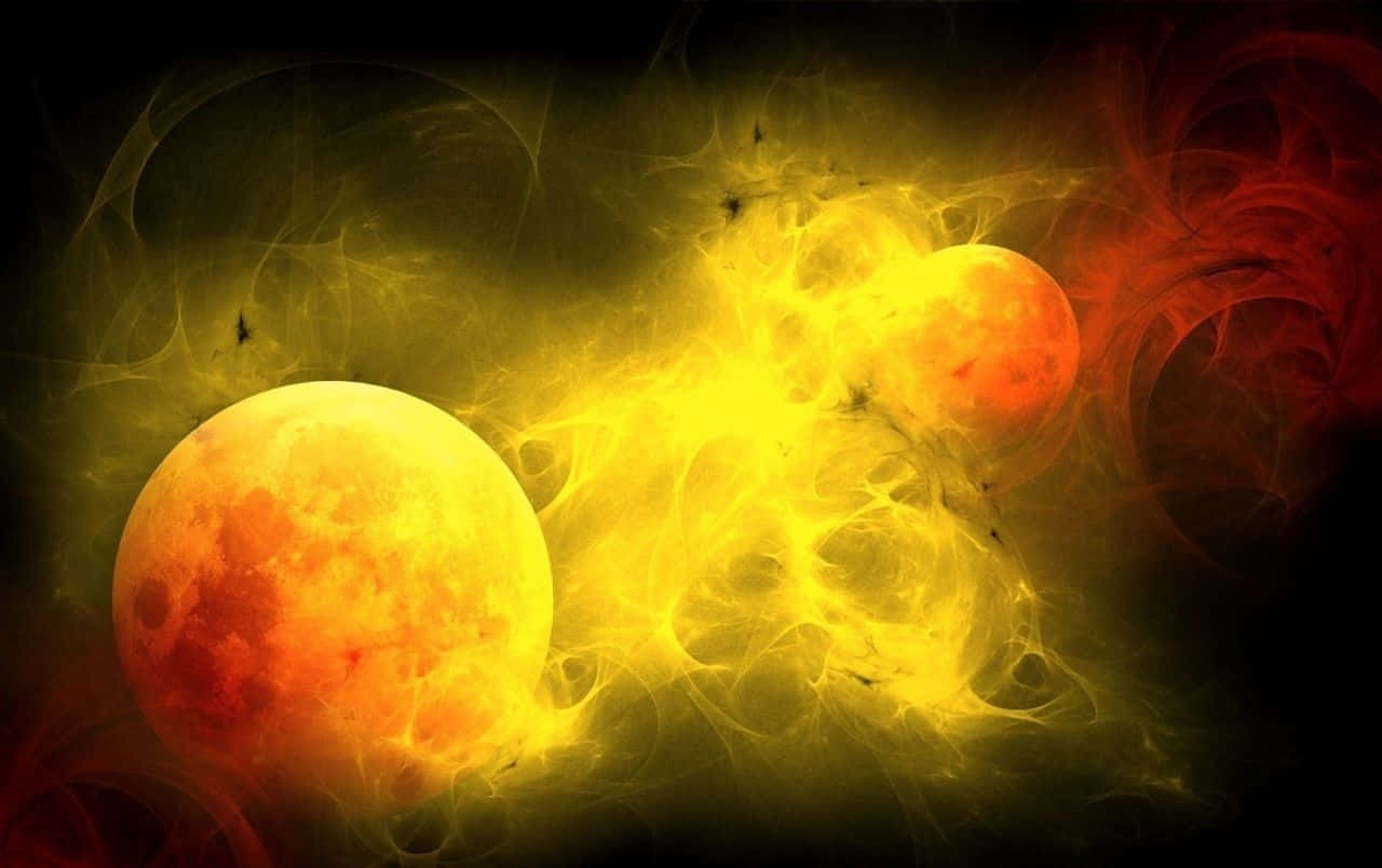 yellow abstract, glowing orange spheres, swirling fiery yellow and red cosmic energy, HD Desktop Wallpaper
