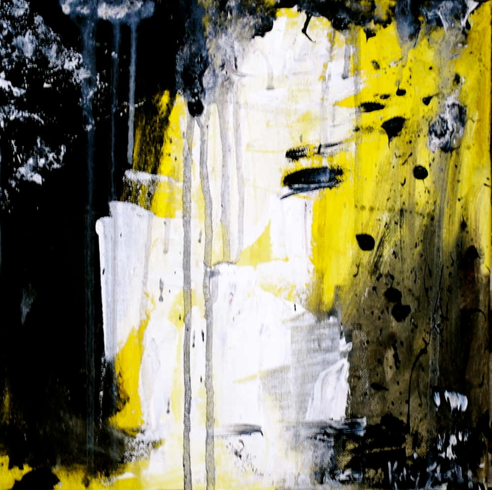 Vibrant Yellow Abstract Art, dripping black white and vibrant yellow paint, dynamic textured composition, SD Desktop Wallpaper