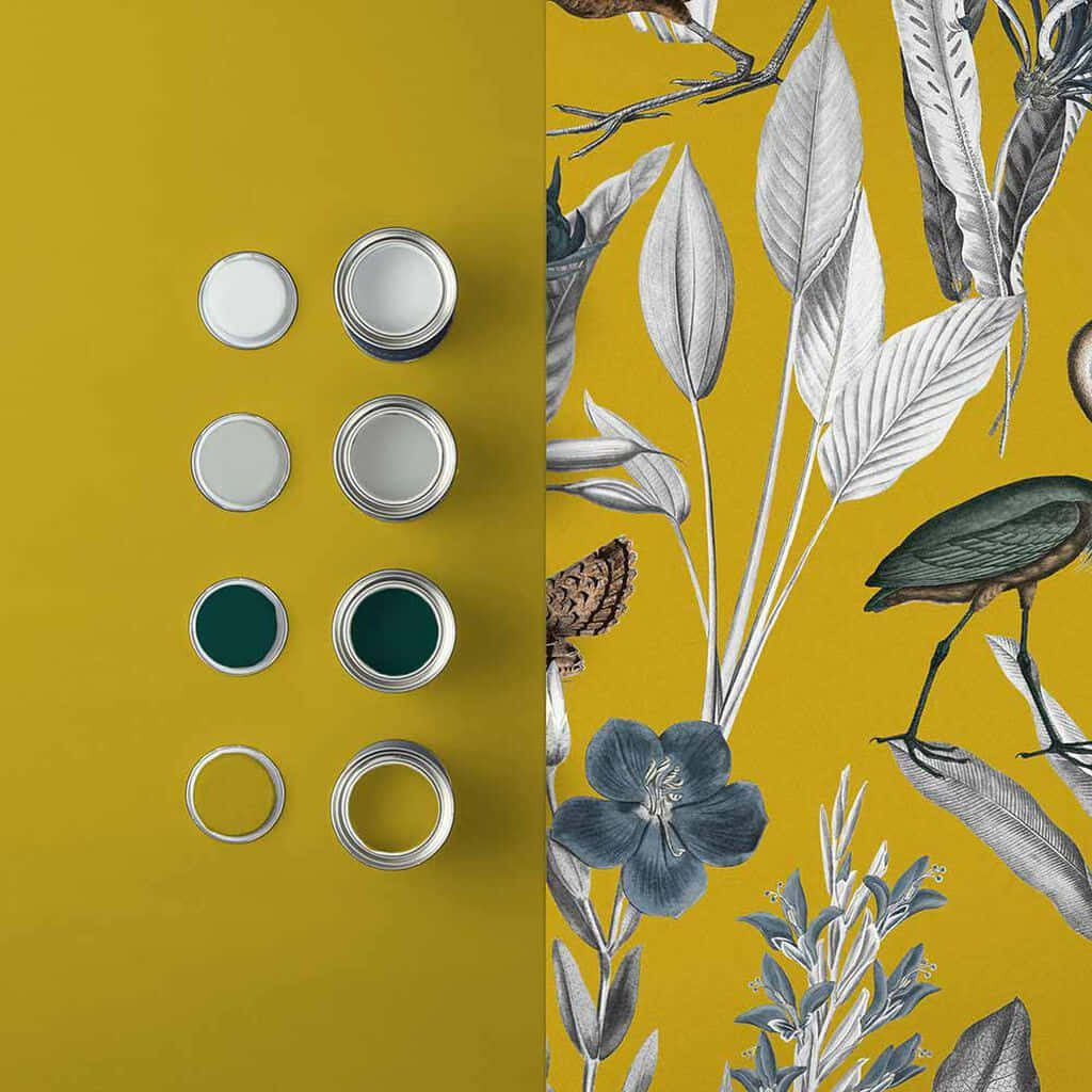 yellow painting, vibrant yellow wallpaper, botanical and bird illustrations, SD Desktop Wallpaper
