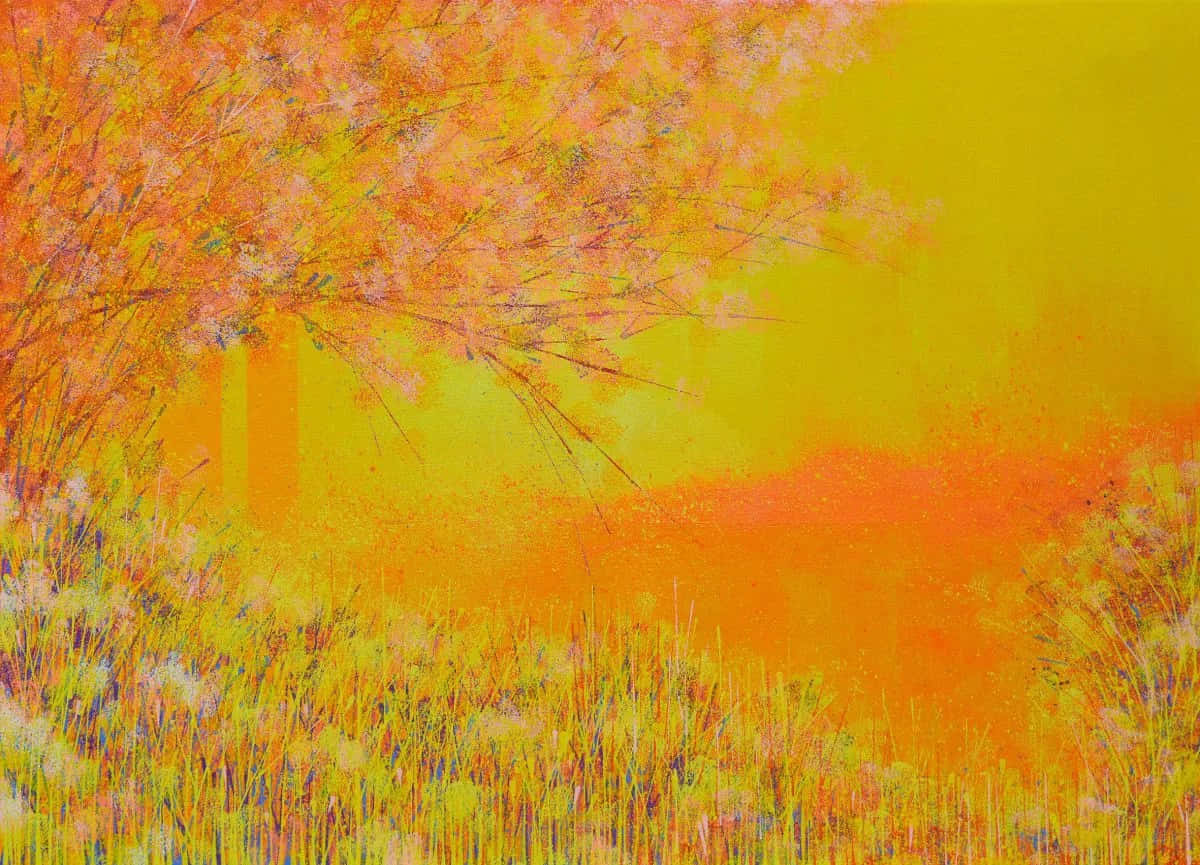 Abstract Yellow Art Painting, fiery orange blossoms, glowing yellow sky, SD Desktop Wallpaper