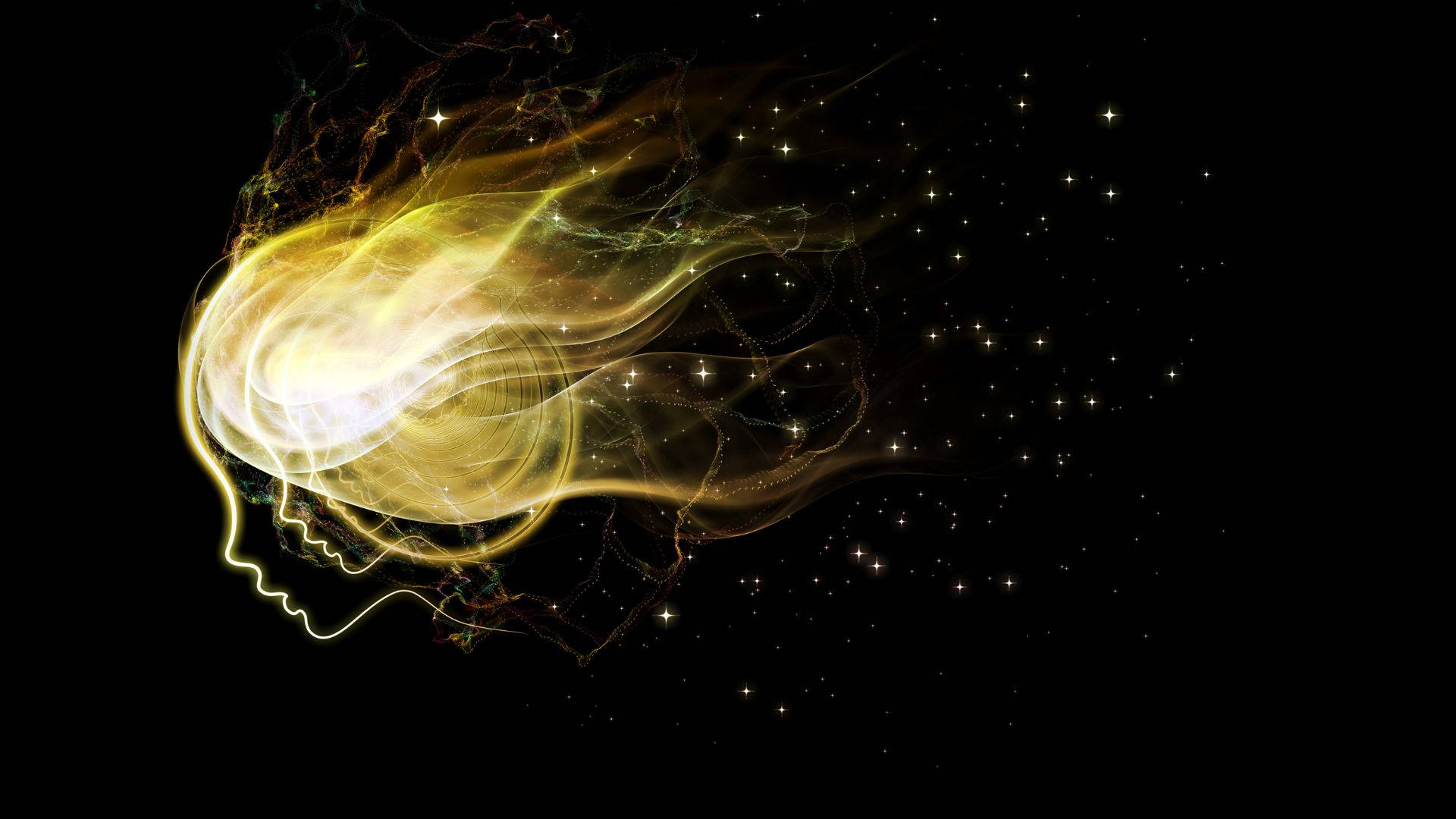 yellow spirit abstract art, glowing golden nebula, human profile silhouette, Full HD Desktop Wallpaper