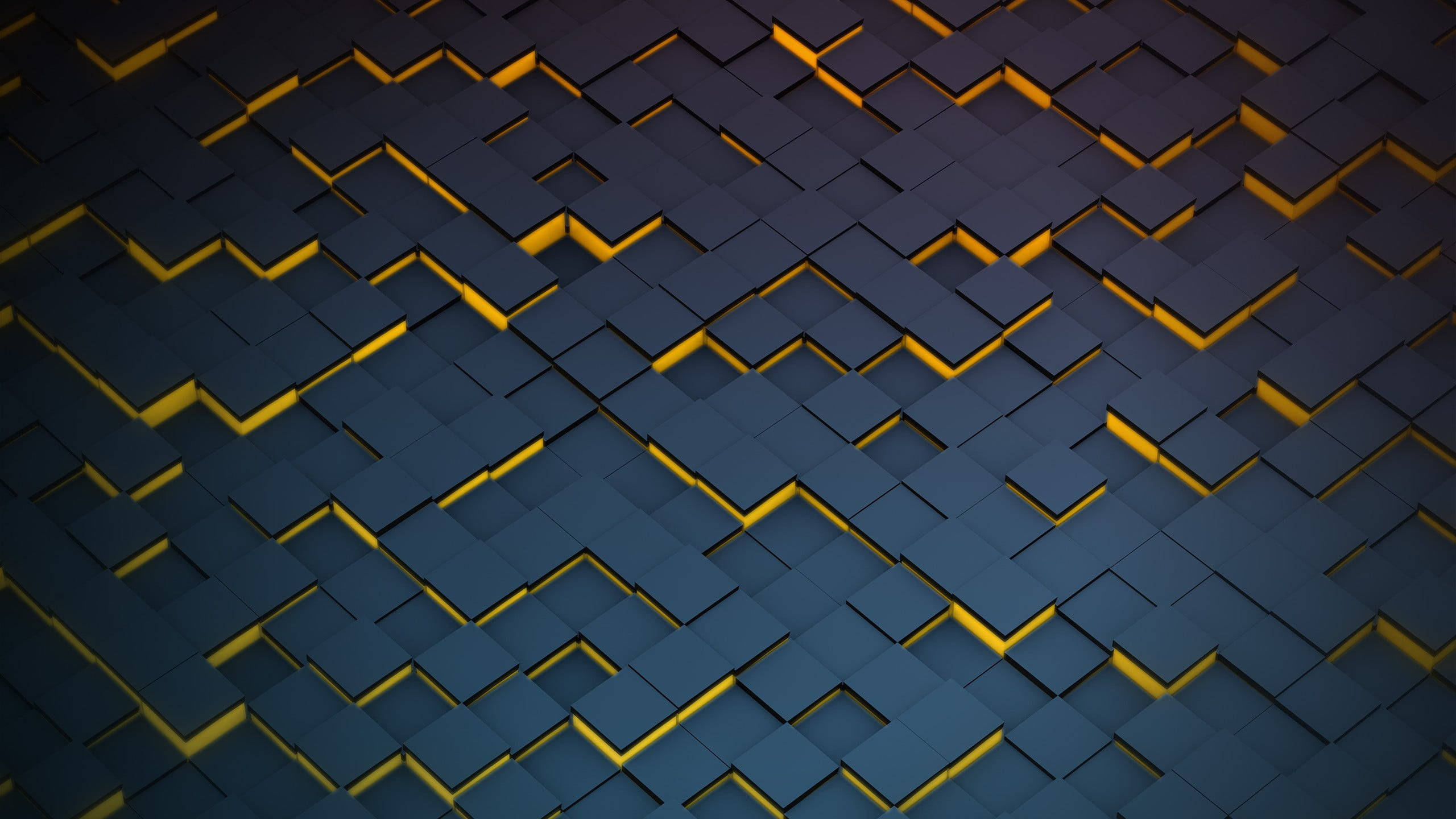 Platonic solid, dark blue cubes, glowing golden edges, 2K Desktop Wallpaper