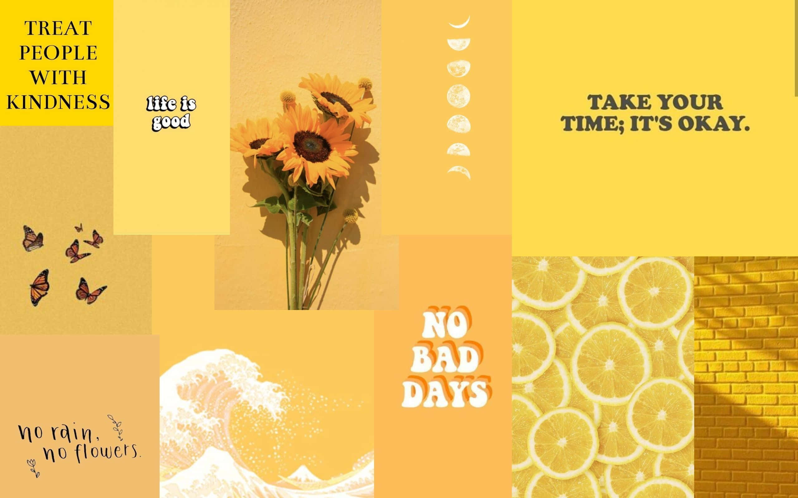 yellow aesthetic collage, sunflowers, butterflies, 2K Desktop Wallpaper