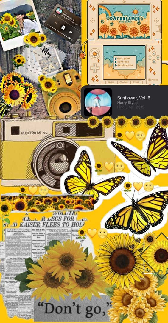 yellow aesthetic collage, sunflowers, butterflies, SD Phone Wallpaper
