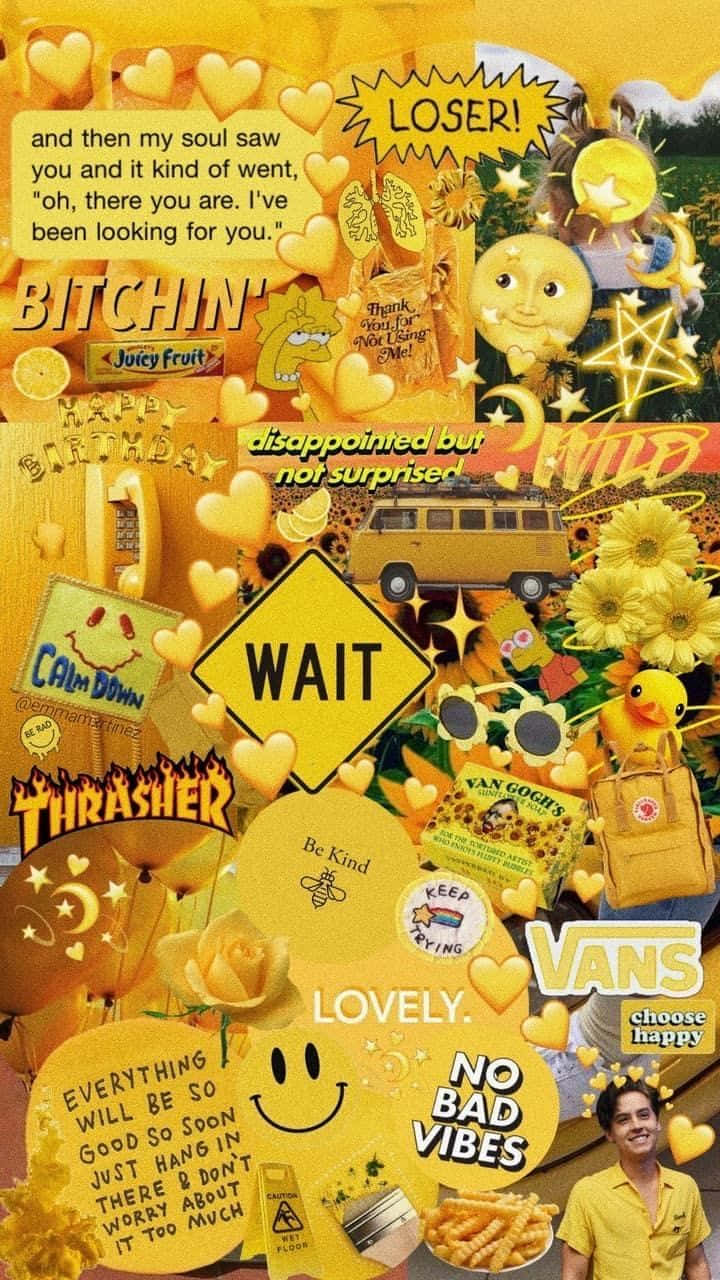 yellow aesthetic collage, hearts, quotes, HD Phone Wallpaper