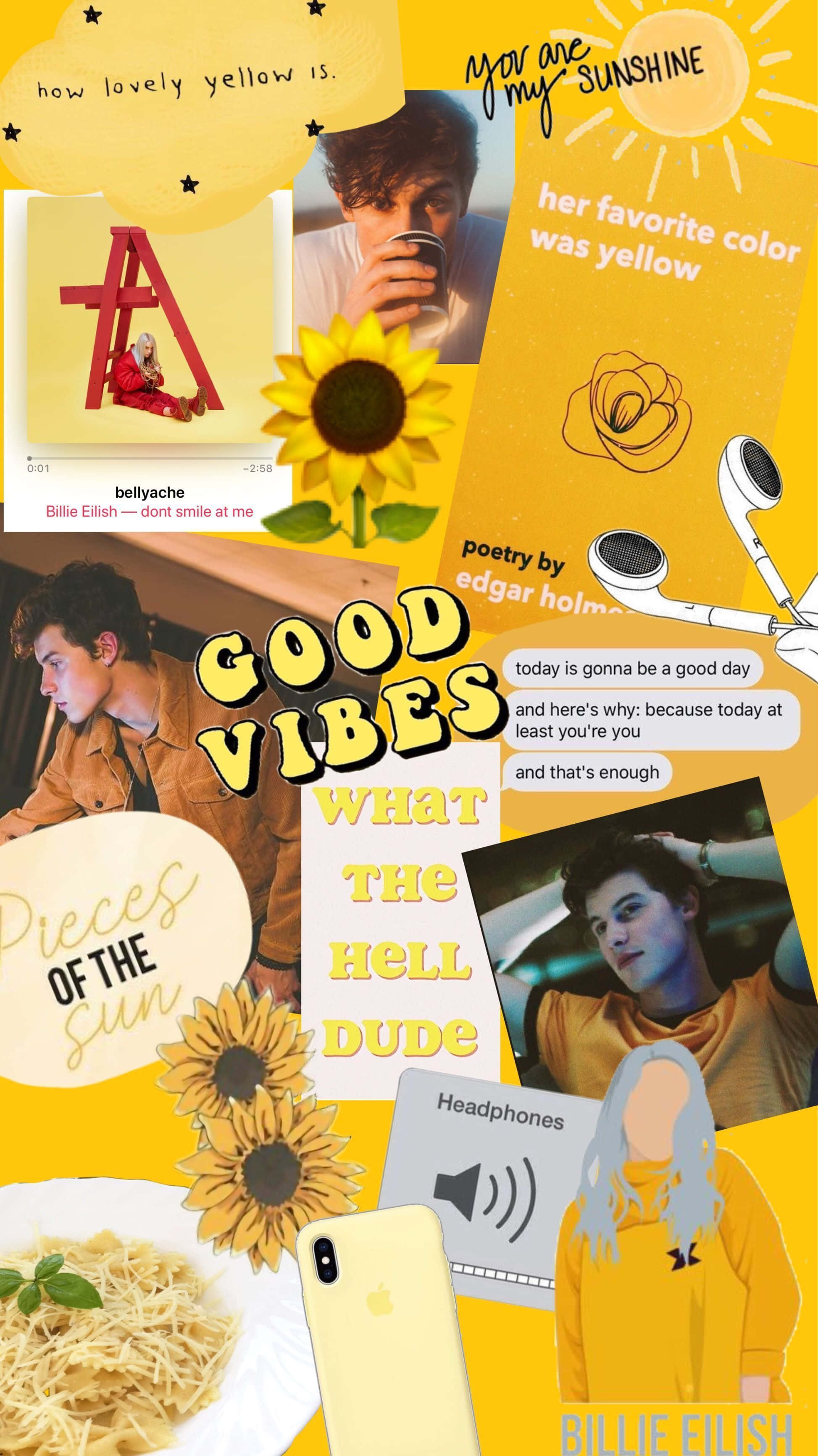 yellow aesthetic collage, sunflowers, Billie Eilish quotes, 2K Phone Wallpaper