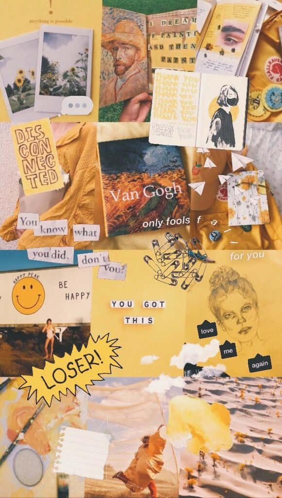 yellow aesthetic collage, vibrant yellow, chaotic yet inspiring, SD Phone Wallpaper