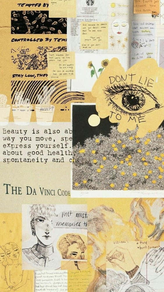 Pale Yellow Aesthetic Collage, yellow background, large eye drawing, SD Phone Wallpaper
