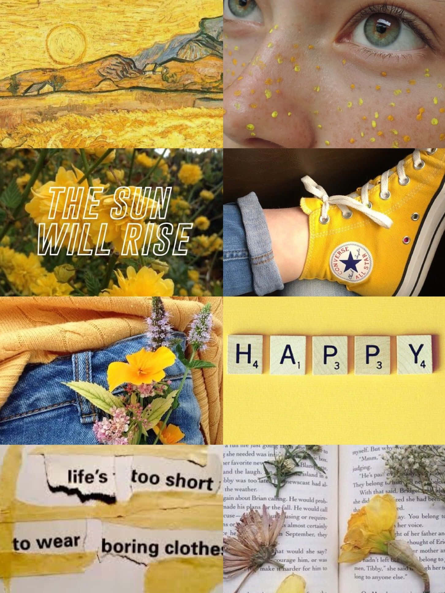 yellow aesthetic collage, sunflowers, child's face, Full HD Phone Wallpaper